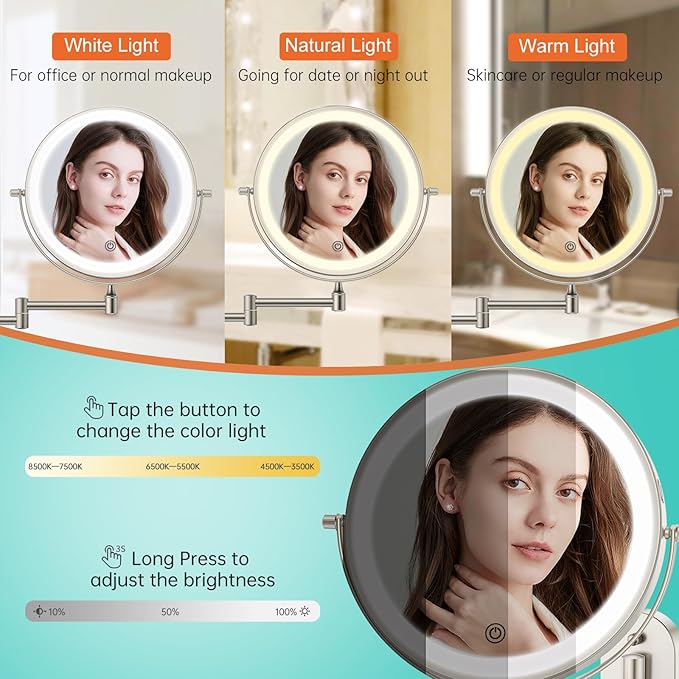 5000mAh Rechargeable Wall Mounted Lighted Makeup Vanity Mirror, Double Sided 1X 30X Magnifying Bathroom Mirror, 3 Color Lighting, Touch Screen Dimming, Extended Arm 360 Rotation Shaving Mirror