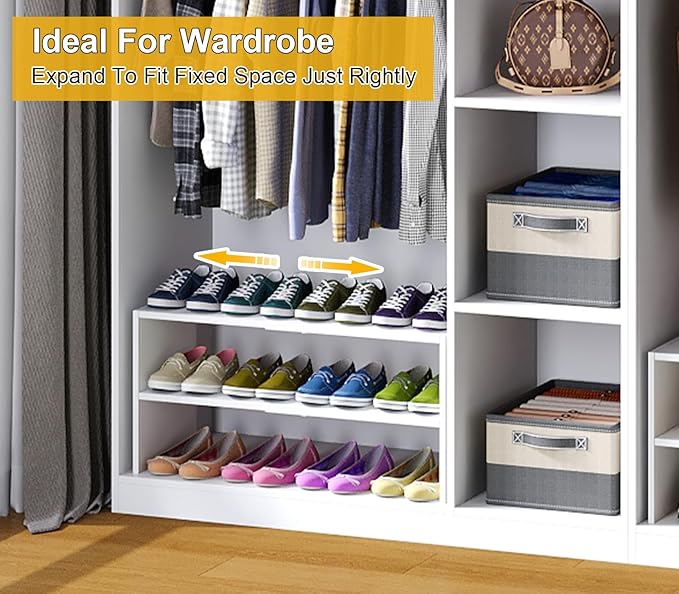 White Shoe Rack Organizer for Closet, 2-Tier Expandable Shoe Shelf, Stackable Iron Wood Combination Small Shoe Racks Shelves for Closets, Entryway,Small Space,Hallway,Garage,6-12 Pairs,Patent Pending