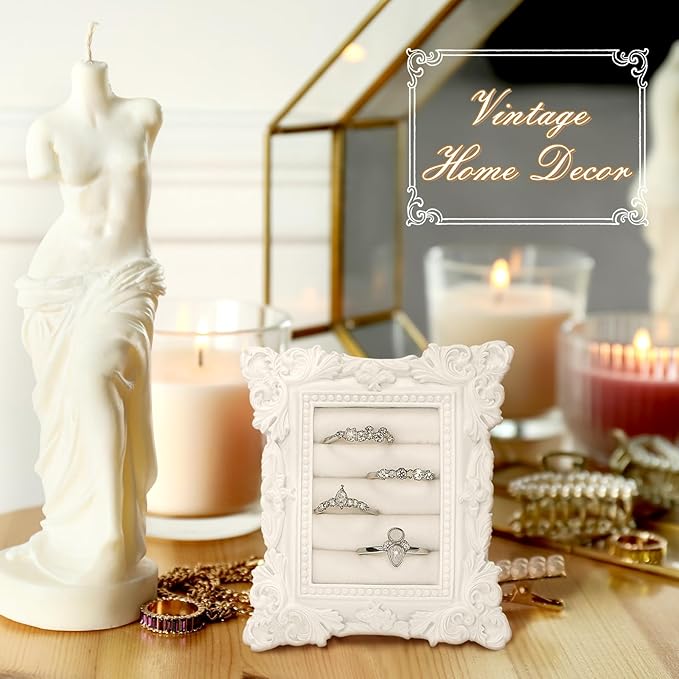 Vintage Ring Holder Rectangle White Ring Display Stand Frame Earring Display Tray Anniversary Engagement Baroque Wedding Jewelry Organizer Photograph Prop for Women Christmas Gift