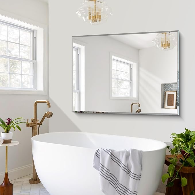 CILIBER Beveled Mirror, 55x36 Large Bathroom Mirrors for Over Sink, Lightweight Design Beveled Frameless Vanity Mirror Wall Mounted, Crystal-Clear 3mm Tempered Glass, Horizontally or Vertically