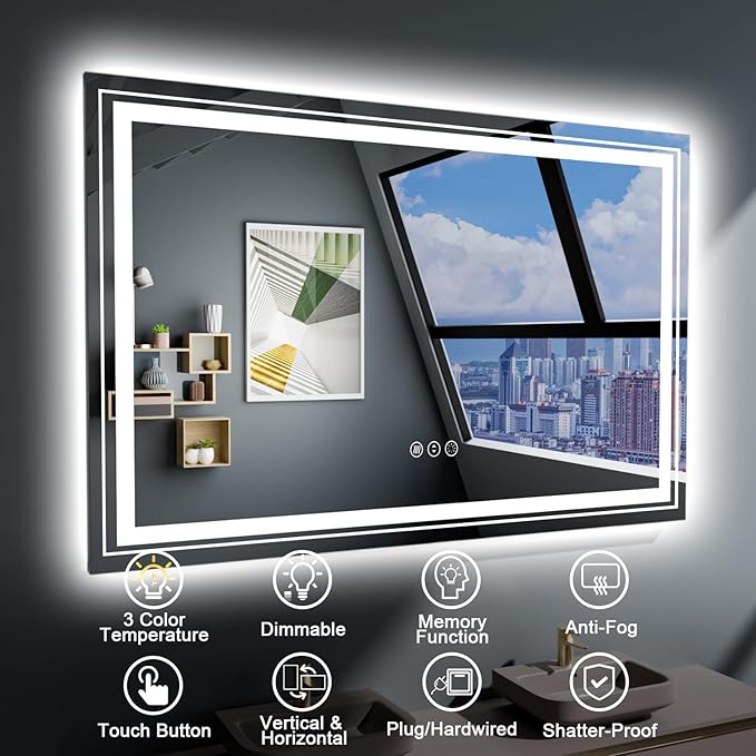 LED Bathroom Mirror, 40"X30" with Front and Backlit, Anti-Fog, Bathroom Vanity Mirror for Wall, Memory Function, Stepless Dimmable, Tempered Glass (Horizontal/Vertical)