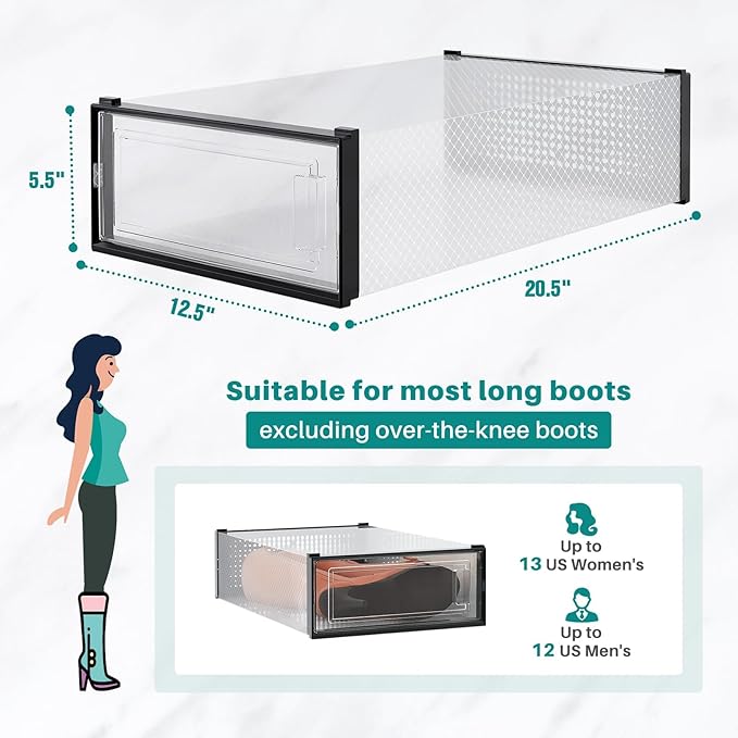 PARANTA 12-Piece Boot and Shoe Storage Box, Stackable Clear Plastic Shoe Box, Space-Saving Shoe Organizer for Boots, Sneakers, and High Heels, Black
