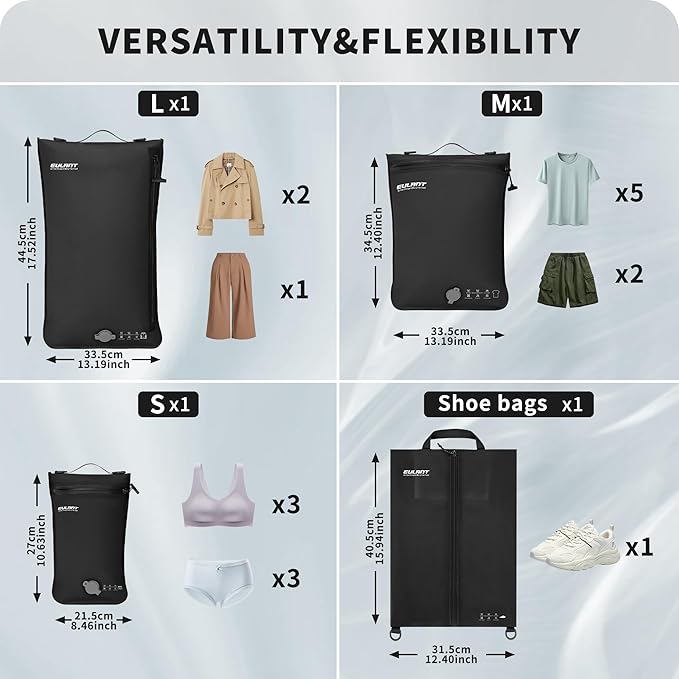 Eulant 4 Set Vacuum Packing Bags for Travel With Pump,Professional IPX8 Zip Packing Organizer for Suitcases Backpack,Space Saver Bags Packing Organizers for Clothing Packing(4 Set No Pump,Black)