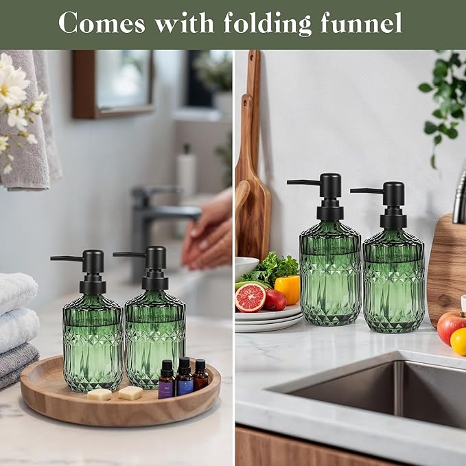 6 Pack Glass Soap Dispenser with Pump 15.2 oz Refillable Liquid Hand Soap Dish Soap Dispensers Vintage Soap Dispenser Liquid Bottle for Kitchen Sink Bathroom Counter(Green,Black Pump Head)