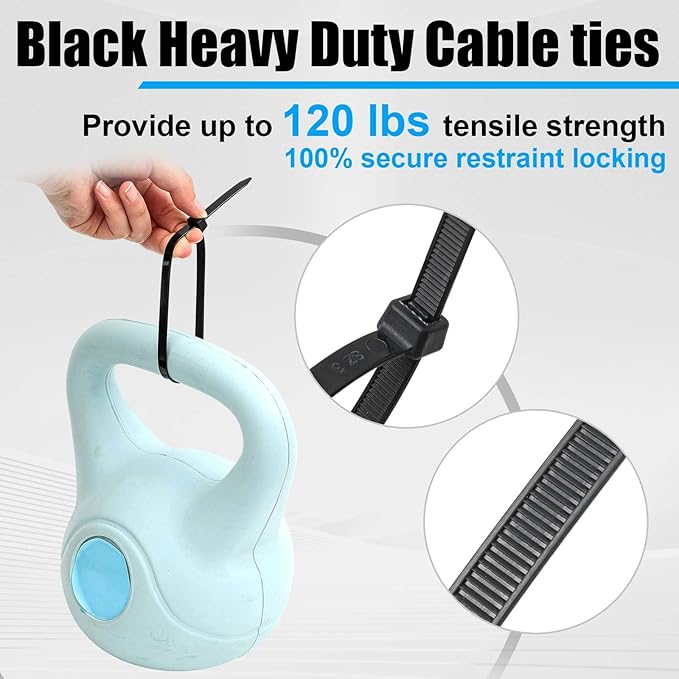 1000 Pcs 12 Inch Zip Ties Heavy Duty 120 Lbs Tensile Strength Black Nylon Wire Cable Ties for Indoor Outdoor