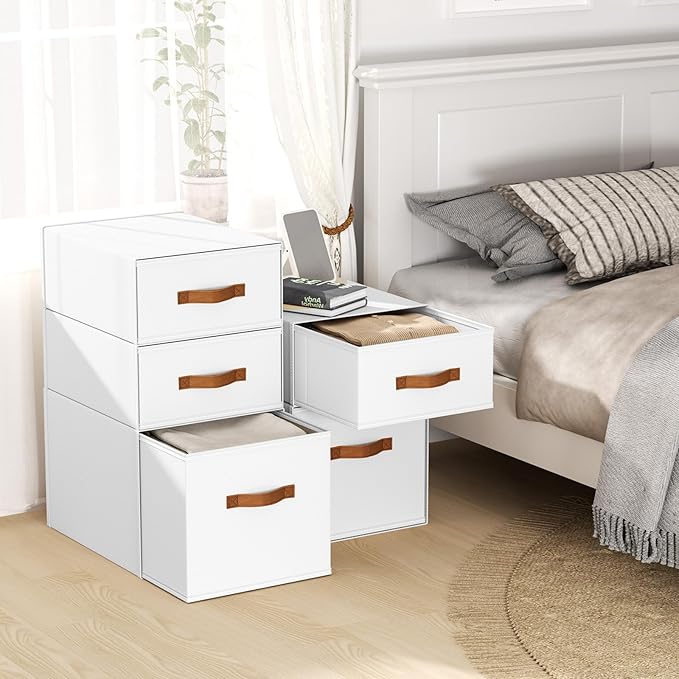 DIMJ Closet Organizers and Storage - Fabric Storage Bins with Drawers Stackable Closet Bins with Labels for Clothes, Sweaters, Bedding, Collapsible Storage Cubes for Bedroom, Living Room, Shelf