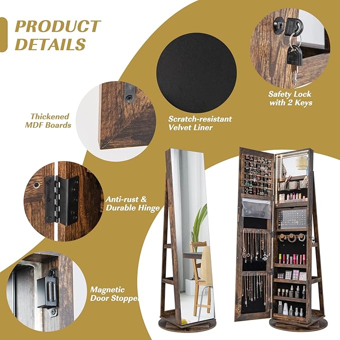 Mirror Jewelry Cabinet Standing with Full Length Mirror, 360° Swivel Jewelry Armoire with 3-Color LED Lights & Foldable Makeup Shelf, Lockable Organizer for Women, Space-Saving (Rustic Brown)
