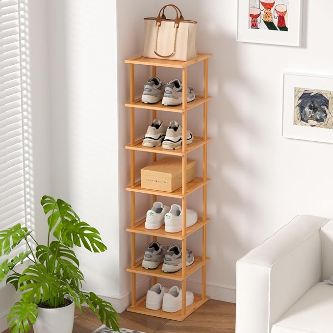 Bamboo Free Standing Shoe Rack Shelf Multi Tier Tall Wooden Stackable Shoes Rack Organizer for Closet Front Door Entrance Narrow Vertical Shoe Storage (Nature, 7 Tiers)