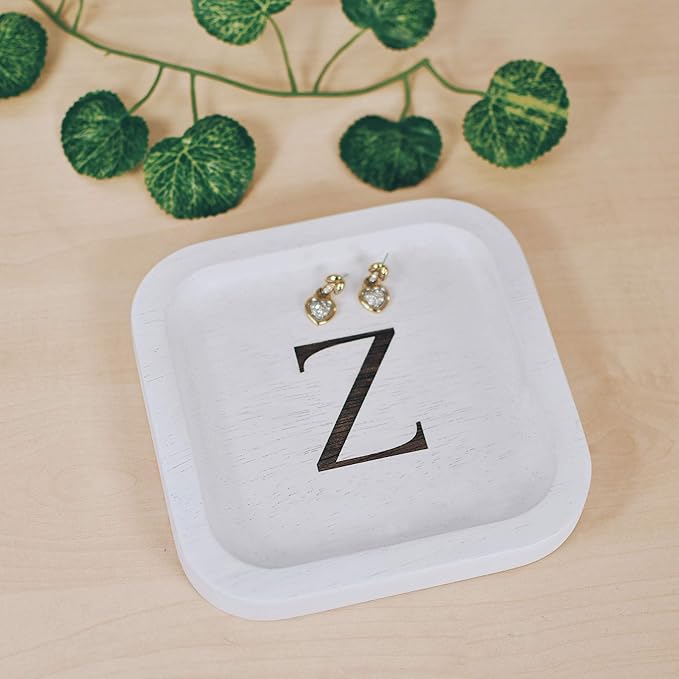 I'm Wooden Personalized Letter Catchall Valet Tray Trinket Dish Jewelry Tray Key Bowl Decorative Plate Organizing Ring Earrings Necklaces Bracelet Watch Coins Wallet Holder (6"x6" Sq White Z)