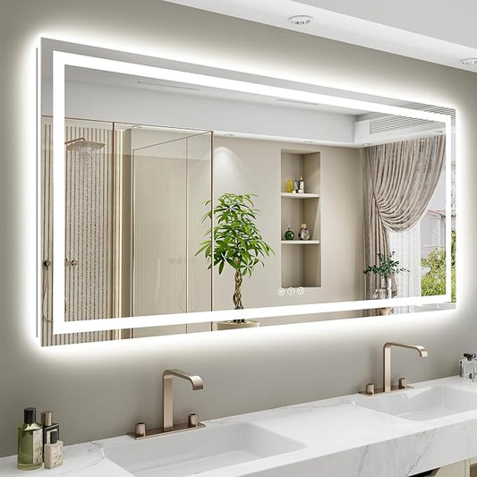 68x38 Inch LED Bathroom Mirror with Lights Front and Backlit Lighted Vanity Mirror for Bathroom Wall with 3 Colors Dimmable Anti-Fog Memory Shatter-Proof IP54 Waterproof Horizontal/Vertical