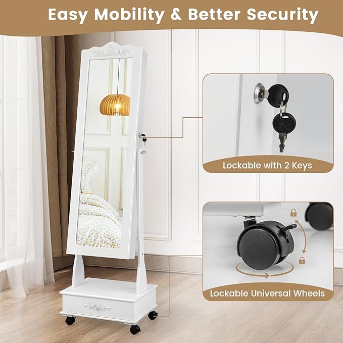 CHARMAID Rolling Jewelry Armoire with Full Length Mirror, Lockable Stand up Jewelry Cabinet with Lights and Wheels, Standing Jewelry Organizer with Drawers, Mirror with Jewelry Storage (White)