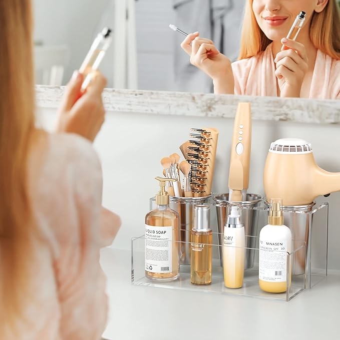 HIIMIEI Hair Tool Organizer, Acrylic Hair Dryer Holder, Bathroom Countertop Blow Dryer Stand Storage, Vanity Organizer for Accessories, Makeup, Flat Irons, Curling Irons, and Toiletries (Clear)