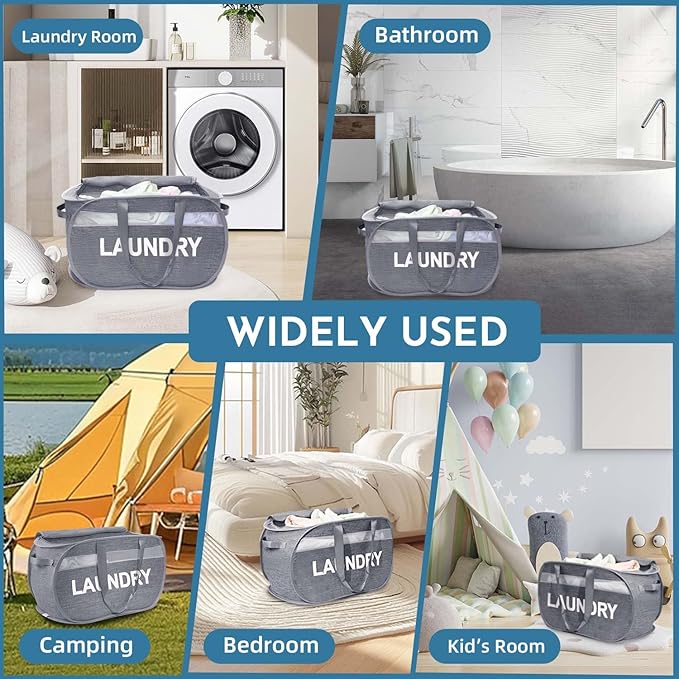 Collapsible Laundry Basket 2 pack, Foldable Pop Up Grey Laundry Baskets Mesh with Lid & Handle, Pop Up Collapsible Laundrys Hamper, Fabric Laundrys Baskets for Dorm, Travel, Bathroom