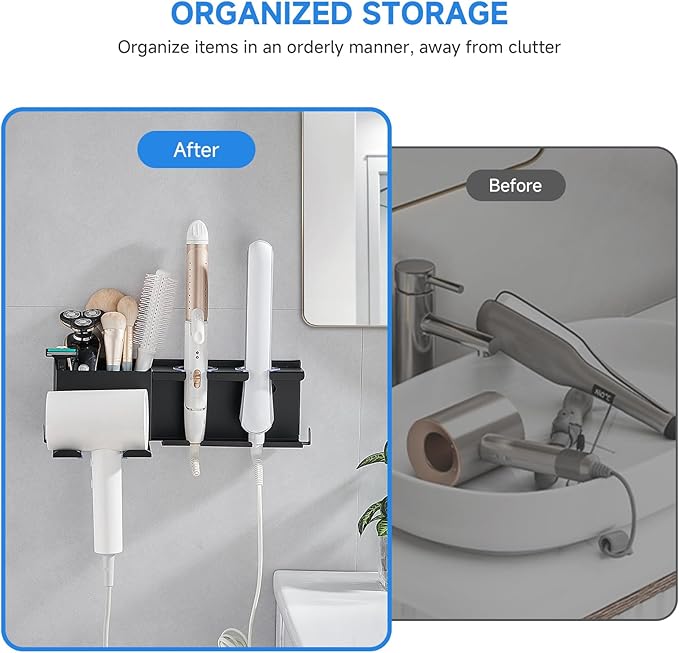 Hair Tool Organizer Wall Mounted,Hair Dryer Holder,blow dryer,curling iron,Straightener holder,Metal 3 in 1 Bathroom Bedroom Hair Accessories Tools Organizer Rack.Black