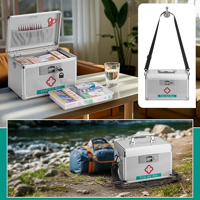 Medicine Storage Box with Key for Safe Medication - 13.4 x 7.6 x 8.2 Inches - Empty Lockable First Aid Box Organizer Container for Drugs for Home, Dorm, Office, Outdoor (Silver/Large)