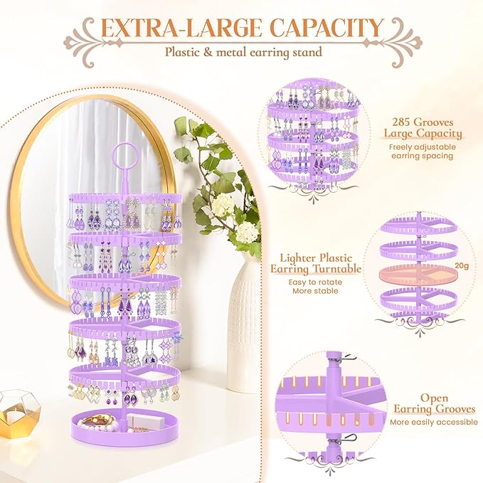 iDavosic.ly 5 Tier Rotating Earring Holder Organizer with Metal Tray, Adjustable Plastic Dangle Display Stands Tree with 285 Grooves, Large Hoop Storage Rack Tower, Purple