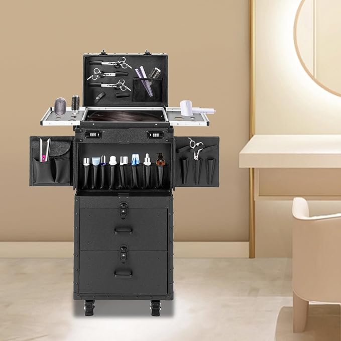 Rolling Makeup Case Large Storage Cosmetic Trolley, Rolling Lockable Makeup Train Case, Stylist Beauty Salon Cosmetic Luggage Travel Organizer Tool Box with Hair Dryer Holder (Black)