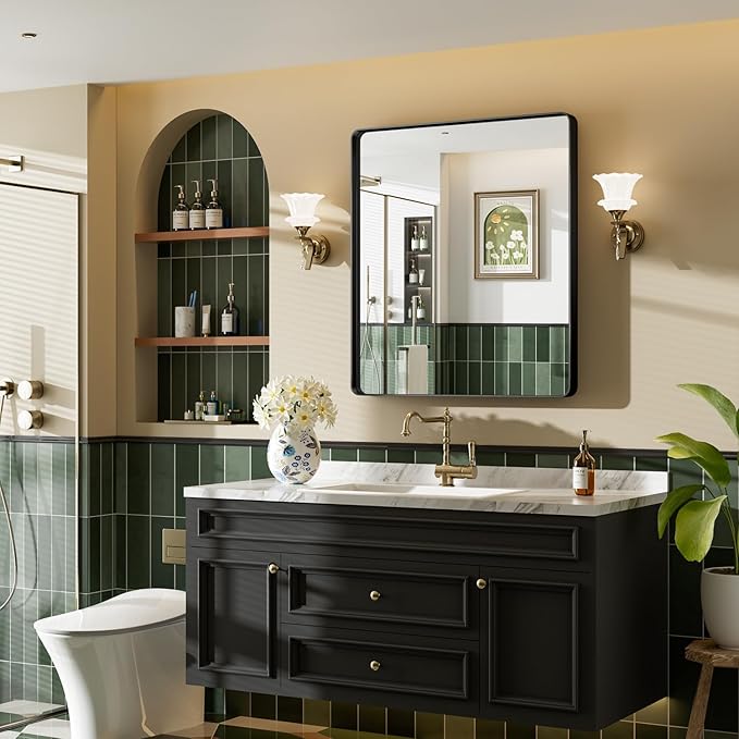40X32 Black Bathroom Mirror for Over Sink, Metal Framed Vanity Mirror Wall Mounted, Rectangle Mirror for Bedroom Living Room Restroom Entryway, Anti-Rust, HD Tempered Glass