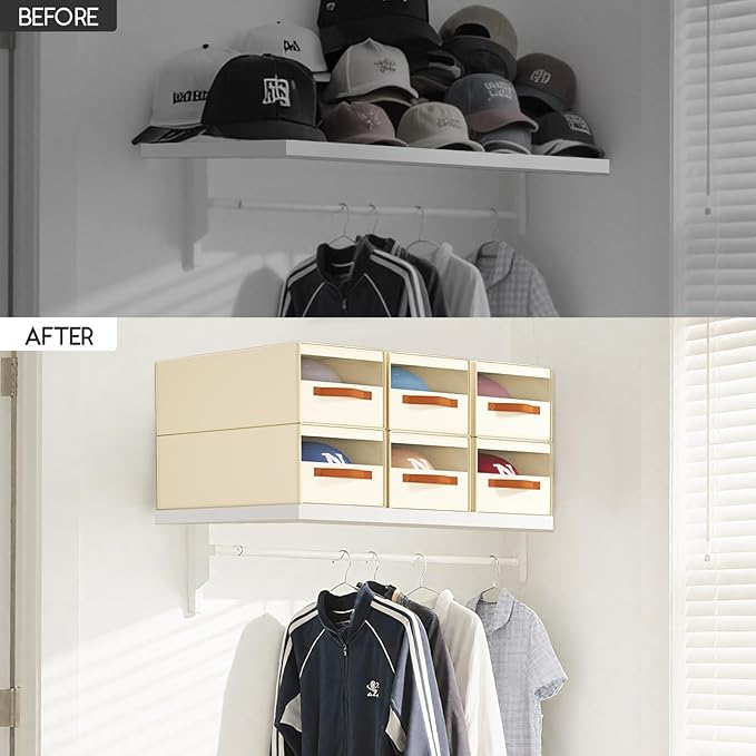 Hat Organizer for Baseball Caps - 3 Pack Pull-Out Drawer Hat Storage Organizer Box with Clear Window, Stackable Closet Cap Holder, Baseball Cap Organizer for Closet, Bedroom, Home, Beige