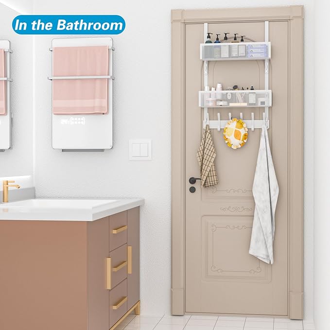 Over The Door Hooks Organizer, Over Door Storage with 12 Coat Hooks and 2 Mesh Basket, Bathroom Door Organizer Towel Rack Back of Door Hanger Organizer for Bedroom, Kitchen(White)