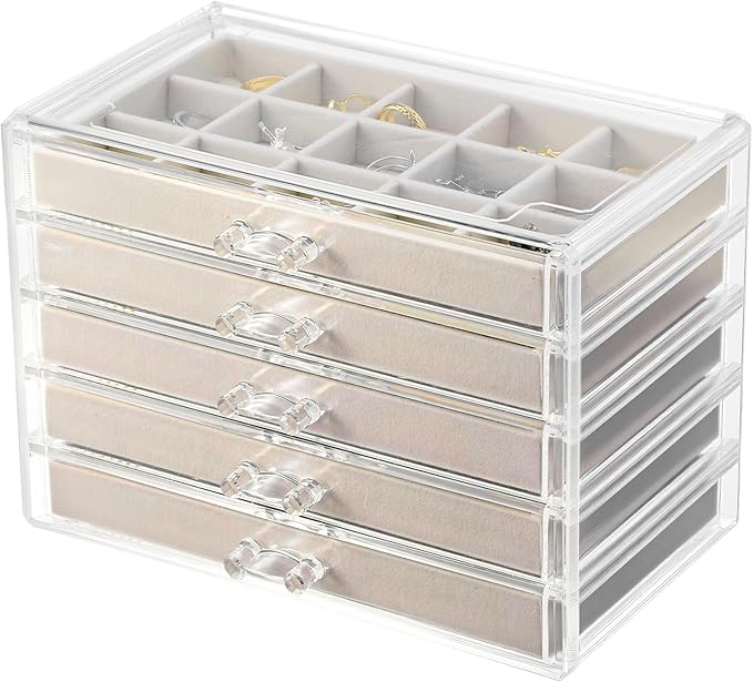 5 Drawers Clear Jewelry Box for Women and Girls, Acrylic Earring Holder Organizer Ring Holder Display Storage, Warm White