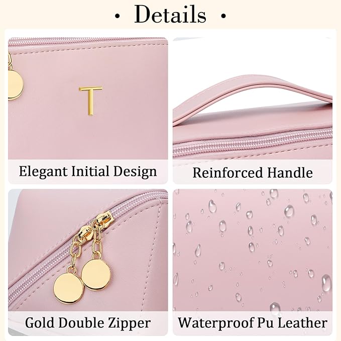 Valentine's Day Gifts for Women Teen Girl, Personalized Initial Makeup Organizer Bag Set, Open Flat Travel Cosmetic Bag With Clear Divider and Handle(Pink,T)