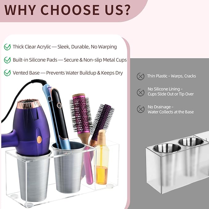 Hair Tool Organizer, Hot Tools Organizer Countertop/Wall Mount, Thick Acrylic Hair Tools Organizer with Anti-Slip Steel Cups, Hair Tool Holder for Bathroom & Vanity Storage UEMUSI