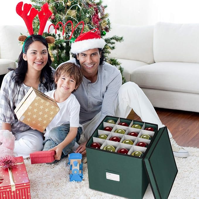 ProPik Christmas Ornament Storage Box, 4 Tier Holds Up to 64 Holiday Ornaments Decoration Balls, Storage Container with Dividers, Made with Durable 600D Oxford Polyester Material (Green)