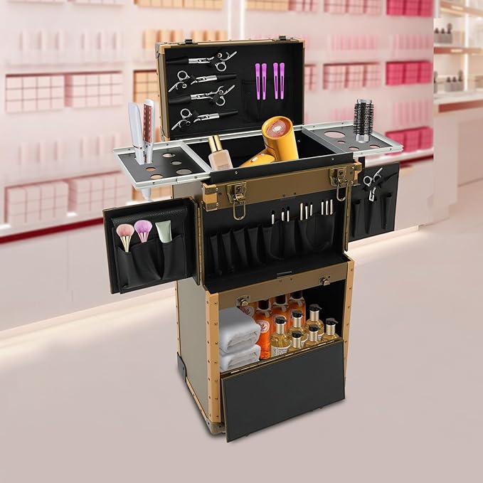 Hair Case,Hair Tool Organiser,Professional Barber Supplies Case,Hairdressing Tool Storage Case,Hair Makeup Salon Organizer with Wheels and Password Locks,Mother's Day Gift (Gold)