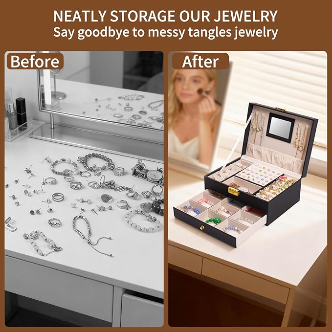 Jewelry Box, 2 Layer Jewelry Organizer with Velvet Earring Organizer, Jewelry Holder Organizer Travel, White Jewelry Boxes for Women, Jewelry Boxes & Organizers for Girls, Black