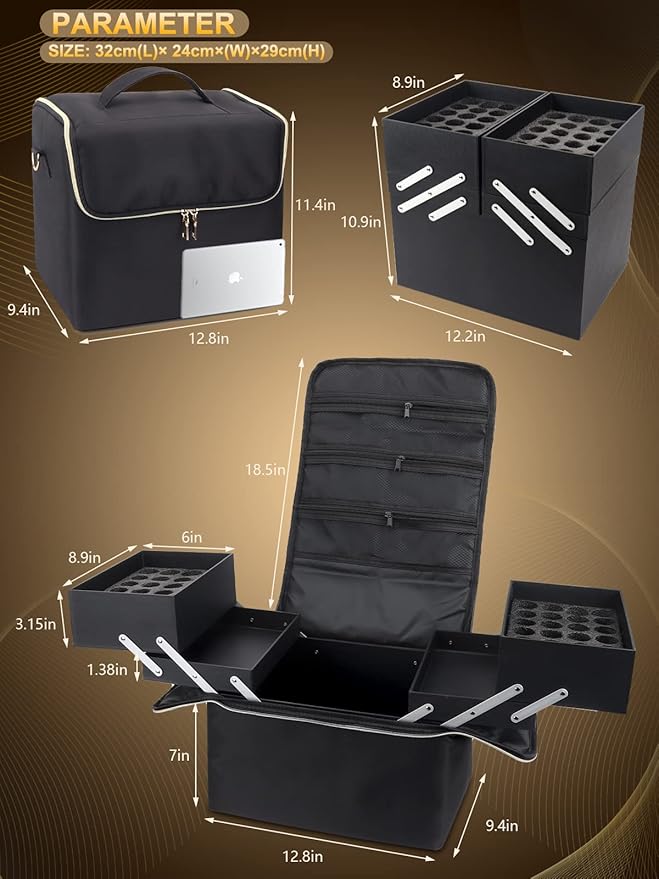 Deciniee Large Makeup Travel Train Case, Upgraded Plus Size Nail Supply Organizers and Storage for Nail Tech, Black 4 Tier Cosmetic Train Case Makeup Box, Nail Polish Makeup Organizer and Storage Bag