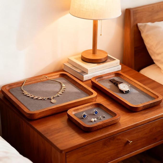 Wooden Jewelry Display Tray Rounded Rectangle Ring Showcase Stackable Elegant Bracelet Watch Jewelry Organizer for Personal Use and Commerce (Old Lace, Medium-W 3.9'' x H 0.6'' x L 7'')