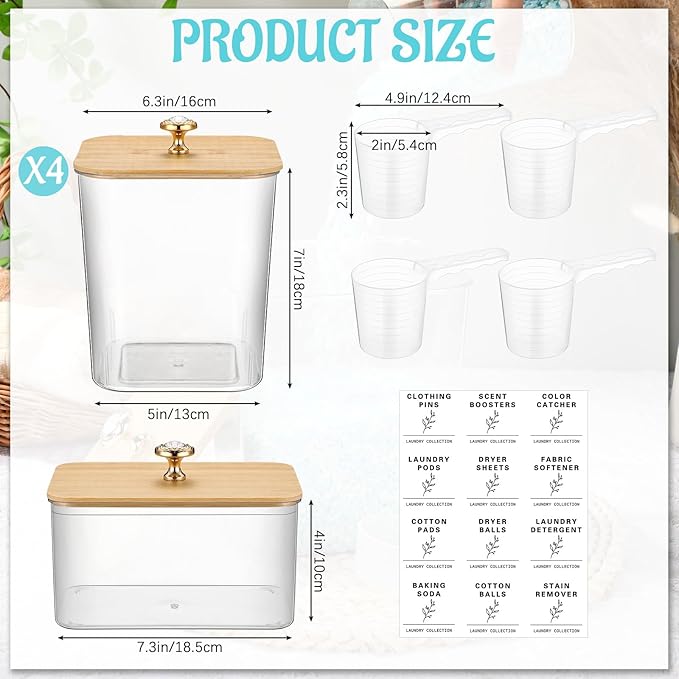 5 Pcs Laundry Room Organization Storage Containers 4 Large 3L Laundry Pod Containers and Dryer Sheet Holder with Bamboo Lids 18 Labels 4 Scoops for Detergent Powder Laundry Organizer
