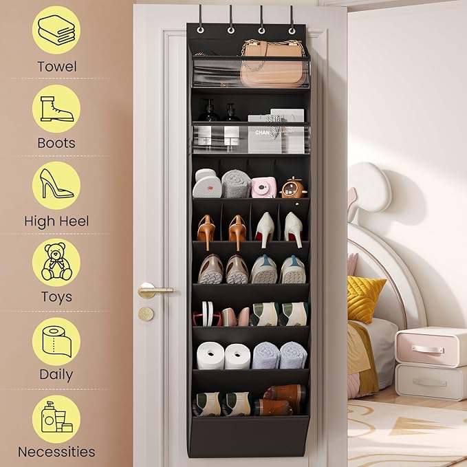 8 Tier Clear Over the Door Shoe Organizer with Deep Pockets, Door Shoes Rack with hard Cardboard and Tubes to Keep the Shape, Hanging Shoe Rack for Closet Organizers, Shoe Holder Black