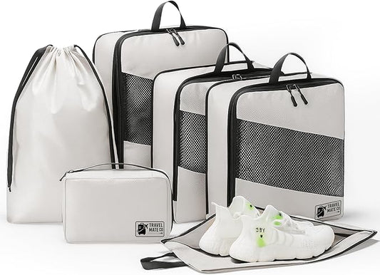 Compression Packing Cubes for Travel – 6-Piece Luggage Organizer Set with Double Zipper Compression, Shoe Bag, Laundry Pouch & Toiletry Bag – Lightweight Carry-On & Suitcase Organizers