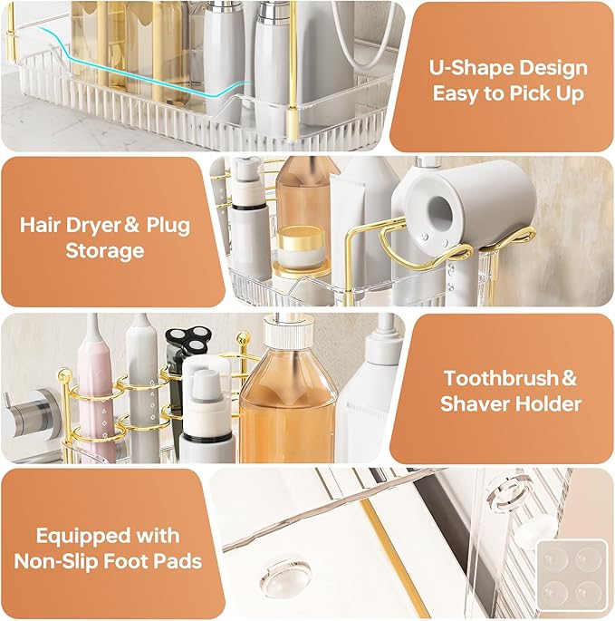Bathroom Counter Organizer with Hair Dryer Holder and Toothbrush Holder, Acrylic Vanity Tray for Skincare, Perfume, Makeup Storage on Countertop ＆ Dresser (Clear, 3-Tier)