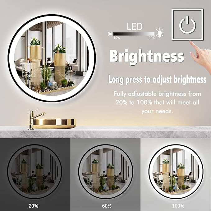 30 Inch Black Round Vanity Mirror with Lights - Black Frame LED Round Mirror for Bathroom - Anti Fog with 3 Color Changing Lights
