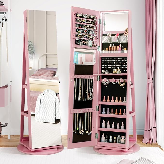 CHARMAID 360° Swivel Jewelry Armoire with Full Length Mirror, Rear Storage Shelves, Lockable Standing Jewelry Cabinet Organizer with Interior Vanity Mirror and 3-Color Lights (Pink)
