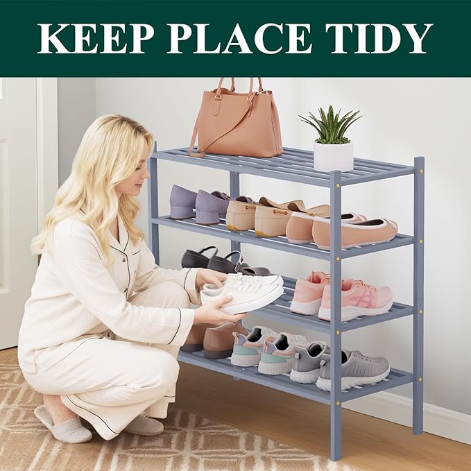 Smiry Bamboo Shoe Rack 4-Tier, Stackable Wooden Shoe Organizer for Entryway & Closet, Free Standing Wood Shoe Storage Shelf for Front Door & Small Spaces, Grey