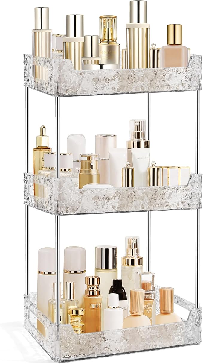 3-Tier Bathroom Counter Organizer Countertop Storage, Dresser Organizer Vanity Tray for Makeup, Perfume Organizer Cosmetics Skincare Shelf - Clear