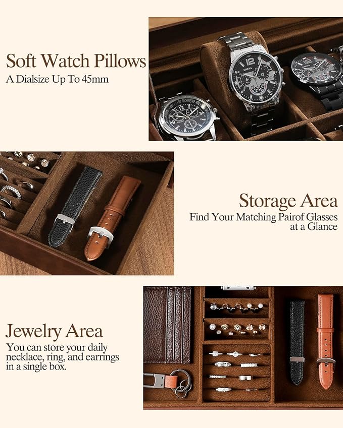 GUKA Watch Box, 12 Slot Watch Case, Watch Cases for men with Real Glass Lid, Synthetic Leather Watch Organizer storage with Jewelry Case, Birthday for Men and Women, Brown