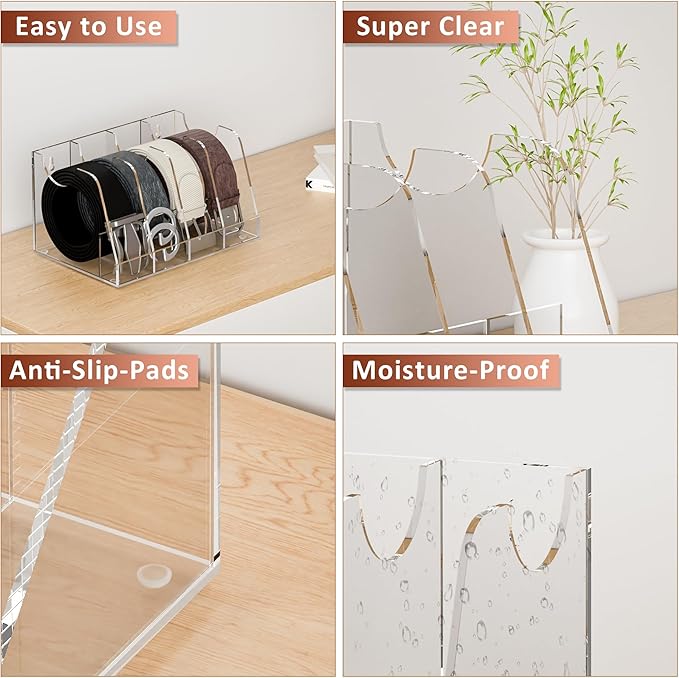 Belt Organizer 4 Compartments, Clear Acrylic Belt Storage for Closet, Wall Mount Belt Holder