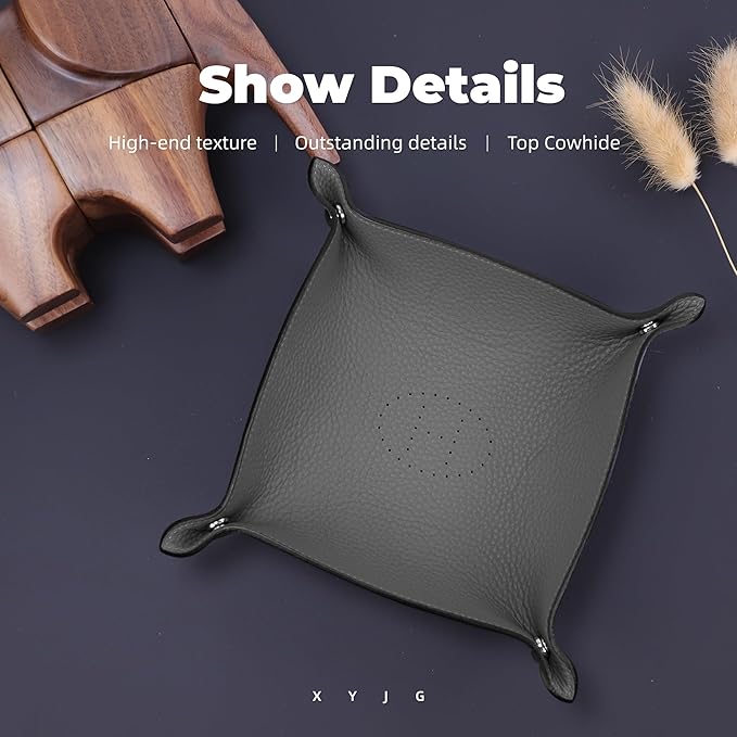 Genuine Cowhide Leather Desktop Storage Organizer - Bedside Vanity Tray, Catchall Nightstand Caddy for Phone, Wallet, Coin, Jewelry