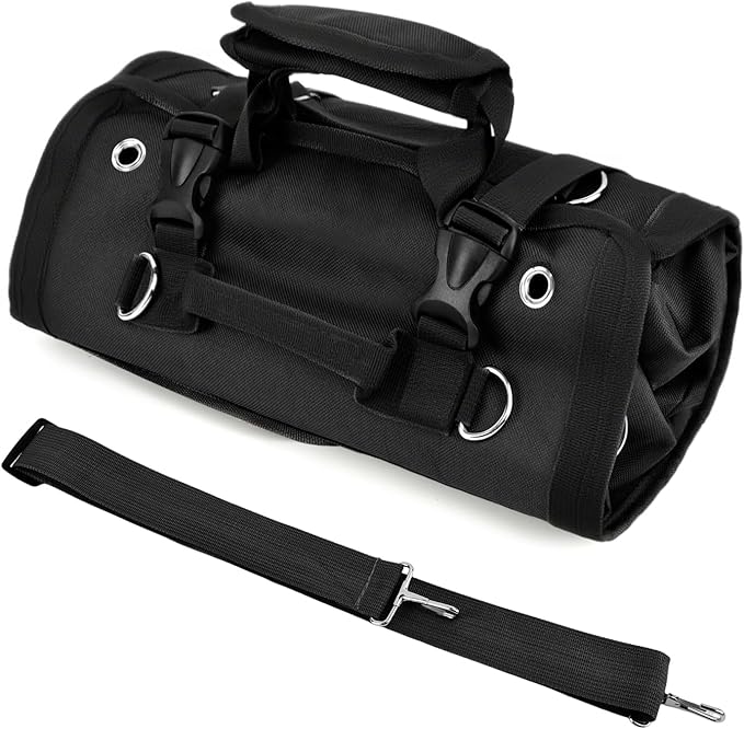 Roll-Up Tool Bag Heavy-Duty Waterproof - 4 Compartments & 2 Detachable Pouches | Compact Tool Organizer for Mechanics, RV & Motorcycle Storage, Handyman & Electricians (Black, Large)