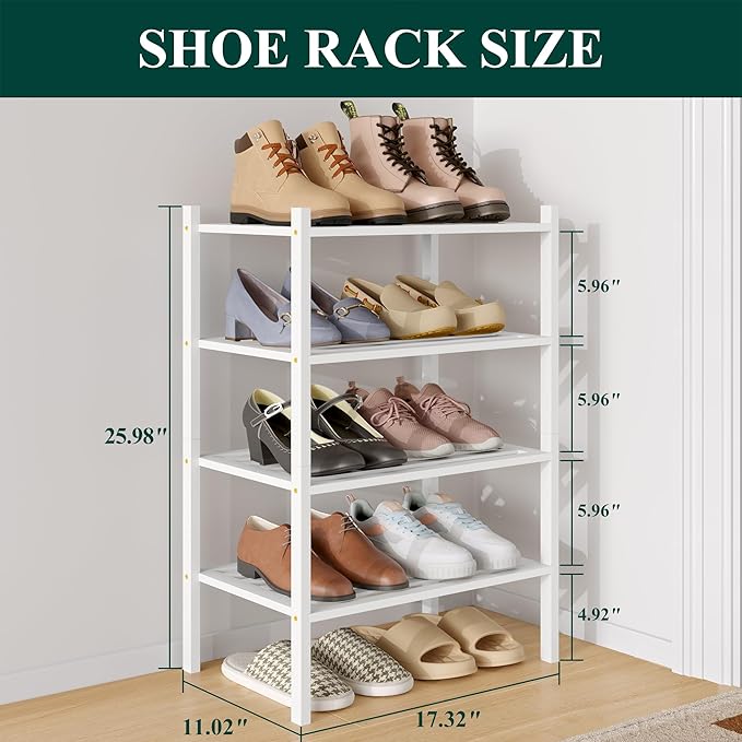 Smiry Small Bamboo Shoe Rack 4-Tier, Stackable Wooden Shoe Organizer for Entryway & Closet, Free Standing Wood Shoe Storage Shelf for Front Door & Small Spaces, White
