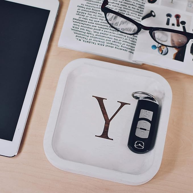 I'm Wooden Personalized Letter Catchall Valet Tray Trinket Dish Jewelry Tray Key Bowl Decorative Plate Organizing Ring Earrings Necklaces Bracelet Watch Coins Wallet Holder (6"x6" Sq White Y)