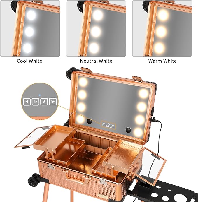 20" Aluminum Ligthed Makeup Train Case with LED Lights Professional Cosmetic Organizer Studio with Speaker, Wheels and Stands Rolling Trolley Makeup Vanity Station for Travel (Rose Gold)