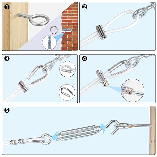 Turnbuckles for Cables Wires, 100Ft White PVC Coated Cable Kit, 7 × 7 Strands Core Wire Rope for Clothesline Wire for T Post/Grape Vine/String Light Hanging Kit