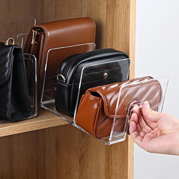 2 Pcs Acrylic Purse Organizer for Closet, 4 Sections Clear Handbag Storage Shelf 16.5 x 5.7 x 5.1 Inch Thickened Handbags Divider for Clutch, Clothes, Book, Document