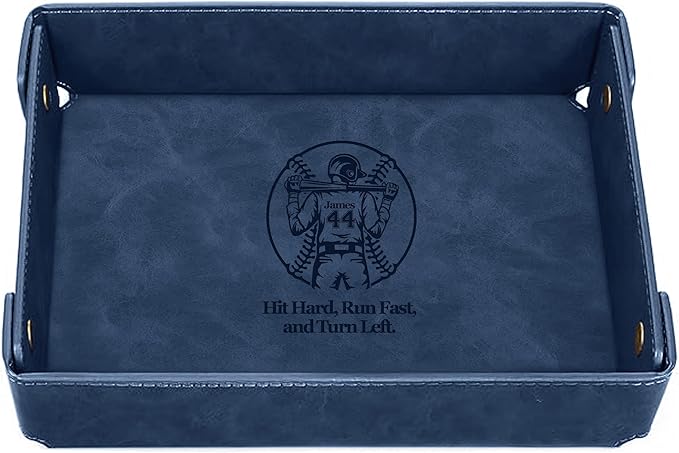 Engraved Baseball Valet Tray–Personalized Leather Catchall with Custom Name–Men’s Nightstand Organizer for Keys, Wallet, Jewelry, and Essentials – Unique Baseball Fan Gift for Home or Office - Blue